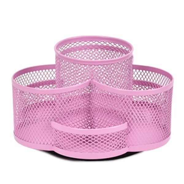 360° Rotation Multi Functional Pen Holder, Mesh Desktop Caddy, Rotating Pencil Holder, High Capacity, with Non Skid Rubber Mat, 7 Compartments, for Office Storage, Dressing Table (Pink)