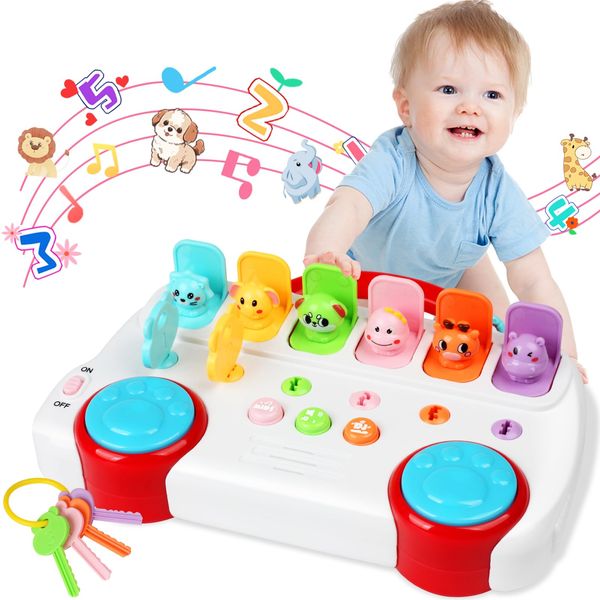 FOJIFON Interactive Pop Up Animal Toys with Music & Light, Toddlers Montessori Early Learning Activity 6-9-12-18 Months Baby Sensory Toy for 1 Year Old Boy Girl Age 2-4 Cause and Effect Toys (Red)