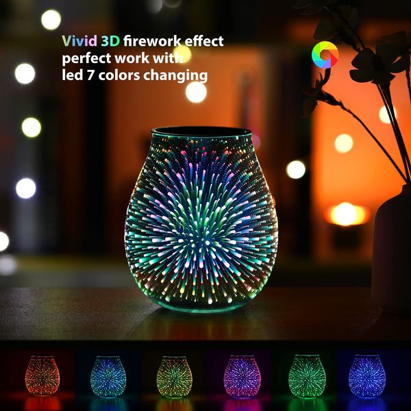 Inrorans 3D Glass Electric Wax Melt Warmer Oil Burner with Stable Heating PTC Reusable Silicone Tray 7 Colorful Changing Led Light Night Light Scent Warmer for Home Fragrance Warmers(3D Firework)…