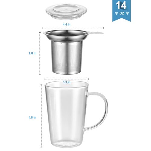 Enindel 3020.01 Glass Tea Mug with Infuser and Lid, Tea Cup, Clear, 14 OZ, GM001