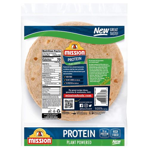 Tortillas Mission Protein Plant Powered Tortilla Wraps, High Fiber, Low Carb, Vegan - 2 Packs, 9 Ounce (Pack of 2)