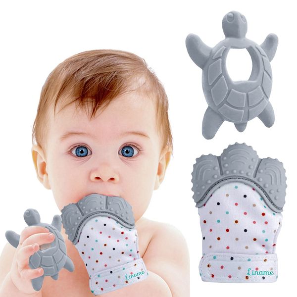 Liname 2 Pack Deluxe Teething Set Includes Teething Mitten for Babies & Teething Toy - Baby Chew Toy & Teething Glove - Safe(BPA Free) Infant Teething Mitt - Baby Teether Toy - Hand Teether for Babies