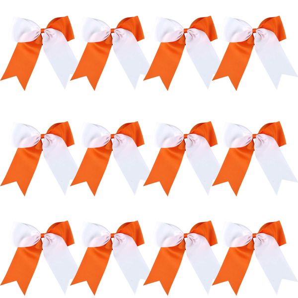 8 Inch 2 Colors Jumbo Cheerleader Bows Ponytail Holder Cheerleading Bows Hair (Orange/White)