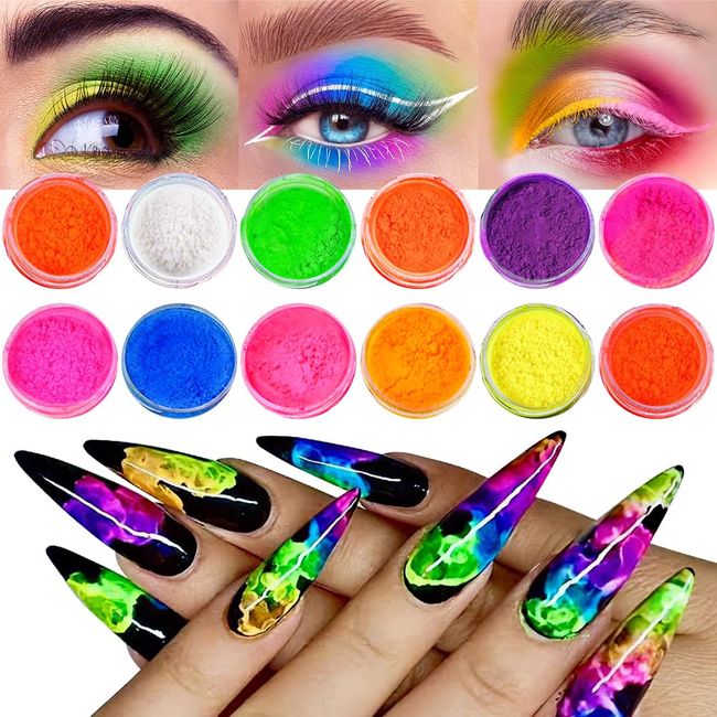 Neon Pigment Powder for Nails Eyeshadow - 12 Colors Fluorescent Neon Rainbow Smoke Nails, 3D Nail Art Pigment Powder for Acrylic Nails, Halloween Neon Makeup Pigment Eyeshadow Liner