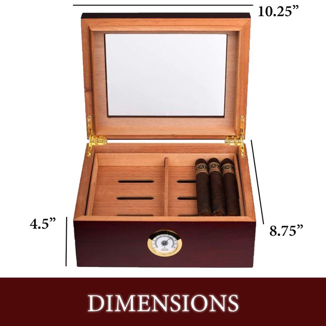 Mensie Glass Top Cedar Humidor with Front Hygrometer, Humidifier, Divider, and Accessory Drawer, Desktop Cedar Wood Cigar Box Holds 25-50 Cigars, Ciga