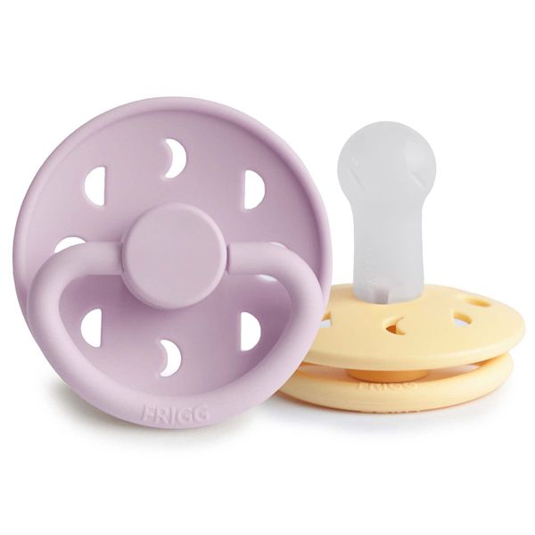 FRIGG Moon Phase Silicone Pacifier Pack of 2 | Silicone Soother Dummy | BPA-Free | Made in Denmark | Symmetrical Cherry Shaped Nipple (Pale Daffodil/Soft Lilac (6-18 Months))