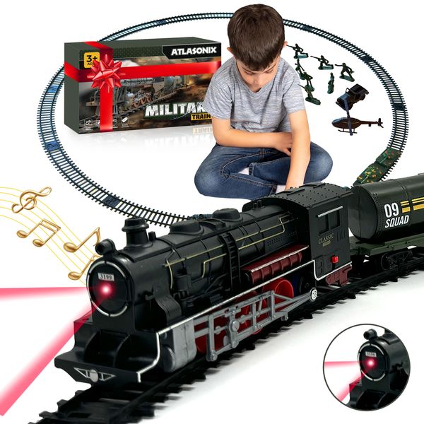 USA Electric Train Set for Kids Ages 3-8 - Military Toy Polar Train Model with Helicopter, Tank, Soldiers & Tracks - Around The Tree Fun Birthday for Boys Ages 4-7