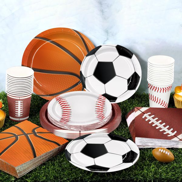 150pcs Sports Birthday Party Plates Napkins Sports Party Supplies Basketball Football Soccer Baseball Dinnerware for Boy Sports Ball Theme Party Decorations Serve 30 Guests