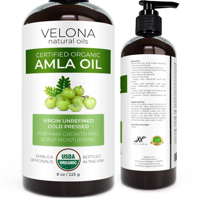 velona Amla Oil USDA Certified Organic - 8 oz | 100% Pure and Natural Carrier Oil | Extra Virgin, Unrefined, Cold Pressed | Hair Growth, Body, Face & Skin Care | Use Today - Enjoy Results