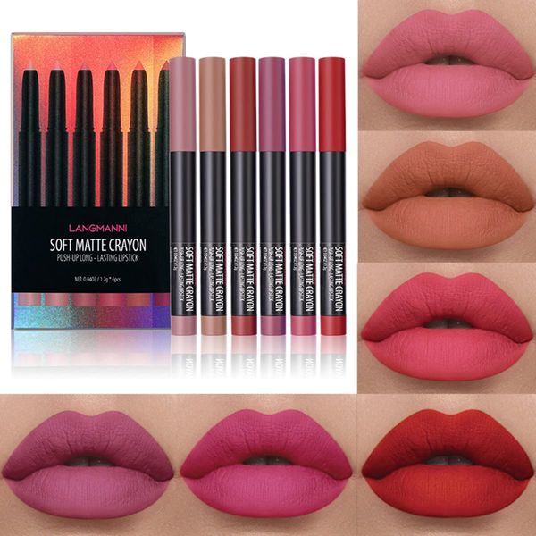 6 Colors Matte Lip Crayon Set, Velvet Creamy Lipstick Lip Liner Pencil Set, Intense Full Coverage Long-Lasting Soft Matte Lipstick Kit with Built-in Sharpener