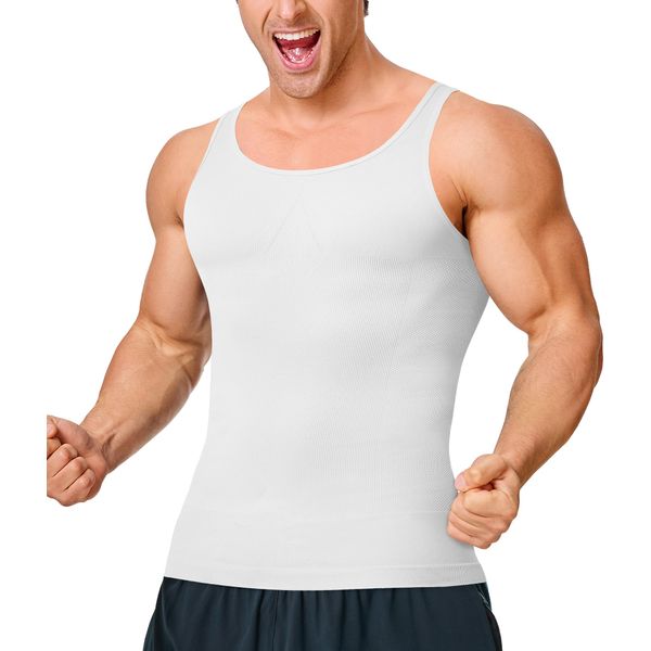 Herren Unterhemden Shapewear Workout Tank Top Kompressionsshirt Muskelshirt Abnehmen Body Shaper Bauchweg Shirt Unterhemd (M-L, Weiß)
