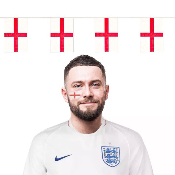 English Flag Bunting and England Flag Tattoo - St. Georges Cross Tattoos plus 33 feet/10 Meters of 21.5 x 14 cm All Weather Plastic Bunting