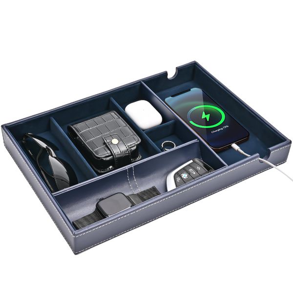 ProCase Ablage Tablett PU-Leder Schreibtisch Organizer mit 6 Fächer Kunstleder Büro Aufbewahrungsbox Schreibtisch Ordnungssystem für Handy Uhr Schlüssel Geldbeutel -Dunkelblau