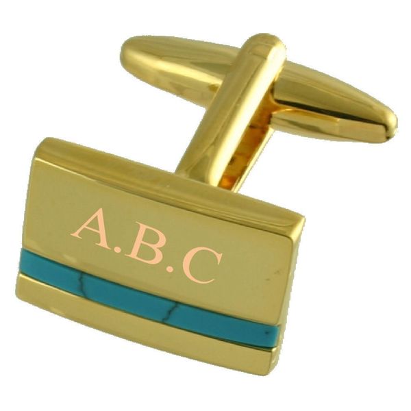 Blue Turquoise Gold Cufflinks Engraved Personalised with Select Gift Pouch