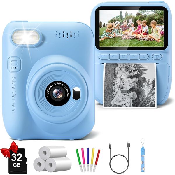 Kids Camera Instant Print, 3.0" HD 32MP Kids Camera Birthday Gifts for 3-12 Year Old Girls Boys, 1080P Digital Camera for Toddler Children, Portable Toy with 32GB SD Card-Blue