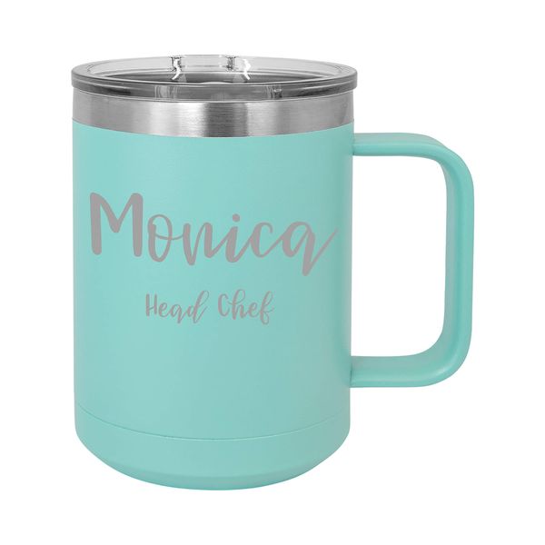 Personalized 15oz Powder Coated Mug with Lid Custom Engraved (Teal)