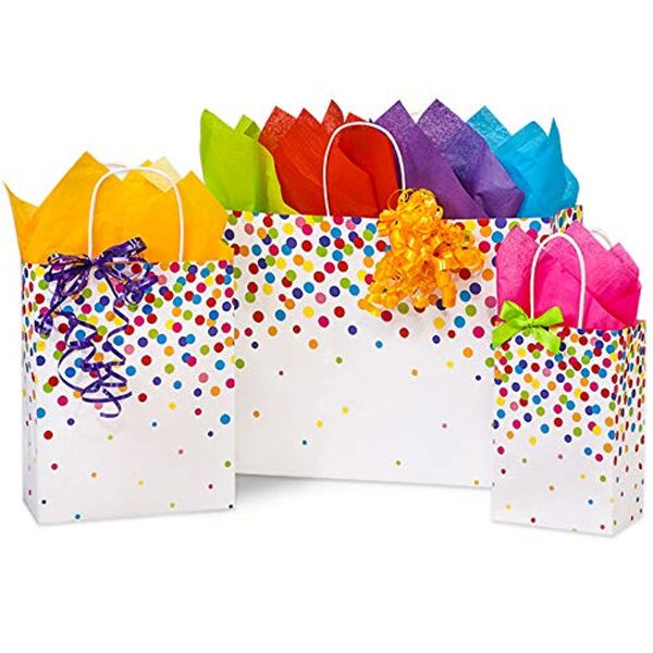 Made in USA Set of 6 Rainbow Confetti Paper Shopping Bags (3 Sizes) with Tissue Paper - 100% Recyclable