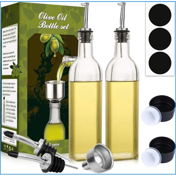 2 Pcs 17 oz Glass Olive Oil Dispenser Bottle Set - 500ml Clear Vinegar Cruet