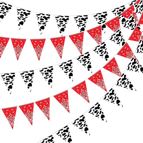 Ctosree 5 Pack 49 Ft Cow Print Bandana Pennant Banners Cow Bunting Banner Western Cowboy Baby Shower Birthday Party Supplies Red White Black Flag for Wild West Farm Theme Party Decor, 7.5 x 10.8 Inch