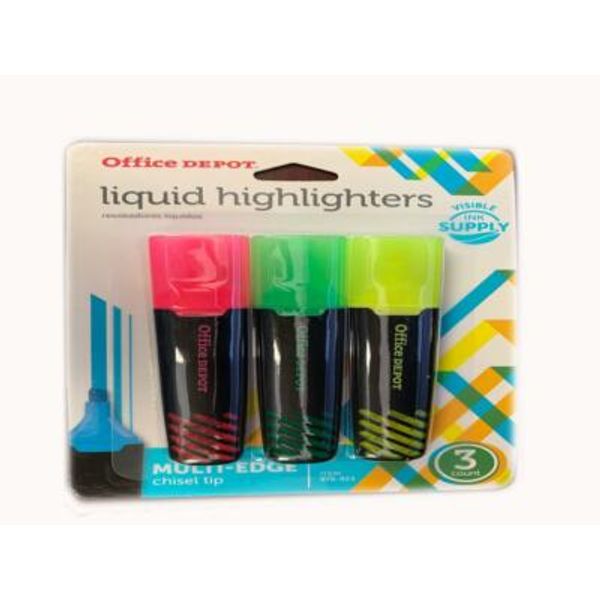 Office Depot Liquid Highlighters - Assorted Colors, Chisel Point, 3 Pack