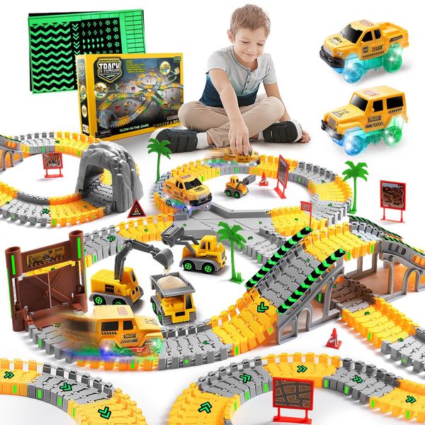 264 PCS Construction Race Tracks for Kids Toys, Glow in The Dark Magic Toy Set, 2 Light Up Cars Track, 3 Construction Cars, Flexible DIY Track Set, Birthday Gift for Age 3-9 Boys Toddler Girls