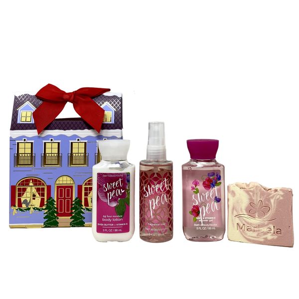 Bath & Body Works Sweet Pea Mini Gift Box Set - Fragrance Mist, Shower Gel and Body Lotion Travel Size With a Himalayan Salts Springs Sample Soap