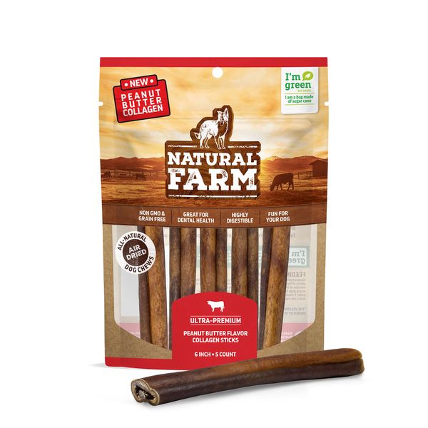 Natural Farm Peanut Butter Flavor Collagen Sticks for Dogs (6 Inch, 5 Pack), Long-Lasting Beef Collagen Chews, Best Rawhide Alternative Chews With Chondroitin & Glucosamine, High-Protein Dental Treats