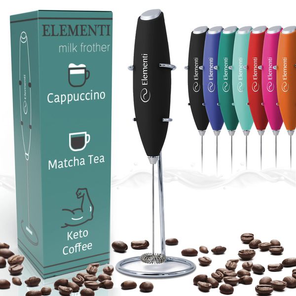 Elementi Milk Frother Handheld with Stand - Matcha Whisk - Coffee Frother Electric Whisk - Electric Hand Mini Whisk for Coffee - Coffee Whisk Frother - Frother Whisk Electric (Black)