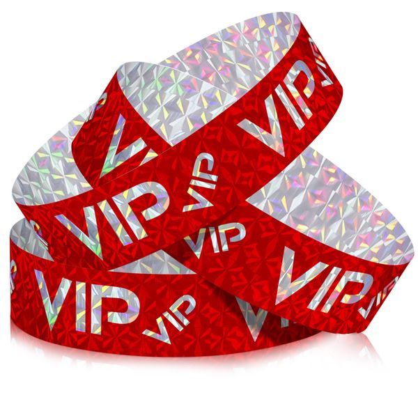 Teling 500 Pack VIP Plastic Wristbands Party Wristbands for Events VIP Custom Wristbands Plastic Bracelets Wristbands Waterproof Wrist Bands Arm Bands for Events Concerts (Holographic Red)