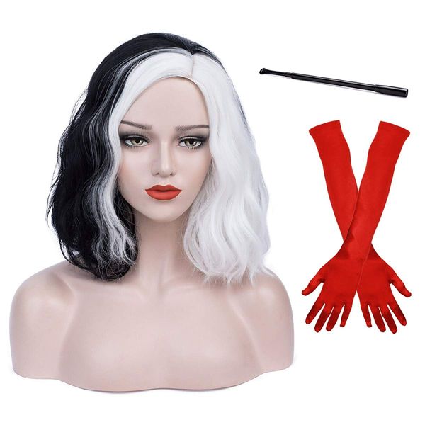 Ruina Black and White Wigs for Women Short Curly Wavy Bob Hair Wig with Accessories Cute Soft Wigs for Party Halloween R019BW