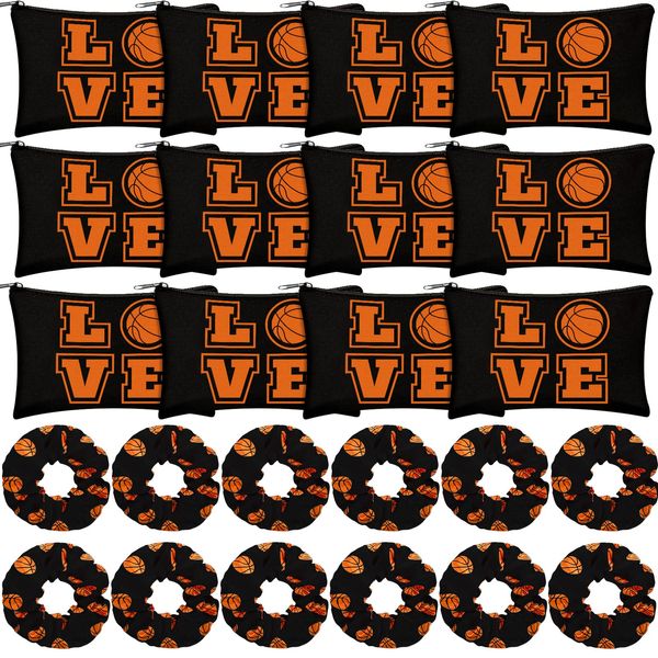 24 Basketball Stuff Set Cosmetic Bags Sport Makeup Bags Pencil Case Portable Storage Case Satin Sport Hair Scrunchies Elastic Hair Bands Basketball Gifts Basketball Accessories for Girl (Black, Love)