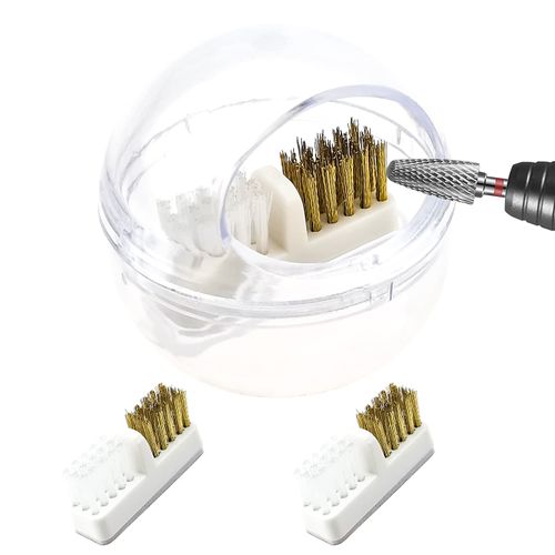 Mini Nail Drill Bits Cleaner Brush Case with Clear Cover Portable Nail Art Drill Head Brush with 2 PACK Replacement Brush for Nail Drill Head Cleaning