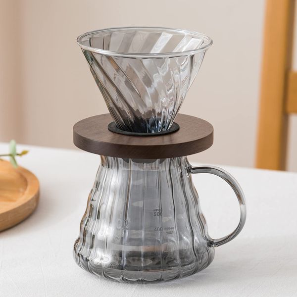 Coffee Dripper Dripper Coffee Drip Equipment Stylish Coffee Drip Set Coffee Server Set Gift Coffee Server Heat Resistant Glass Wooden Holder Hand Drip Hand Drip Set Flower Dripper for 2-4 Serves 16.9