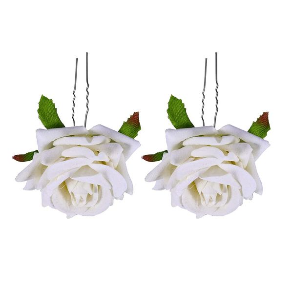 AKOAK 2 Pcs Bride Rose Floral Pin Elegant Red Bridal Hairpin Imitation White Rose U-Shaped Hair Fork Wedding Hair Accessories Fabric (White)