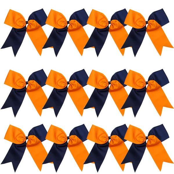 8 Inch 2 Colors Jumbo Cheerleader Bows Ponytail Holder Hair Tie Cheerleading Bows Hair Bow for College (Orange/Navy Blue)