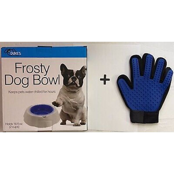 Frosty Water Chilling Pet Bowl + 1 Grooming Glove. For Dog, Cat, Puppy, Kitten.