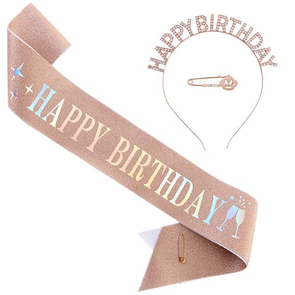 HUAZONTOM Happy Birthday Crown, Brooch, 3-Piece Set, Party Goods, Birthday Headband, Party Hat, Birthday Decoration, Rose Gold