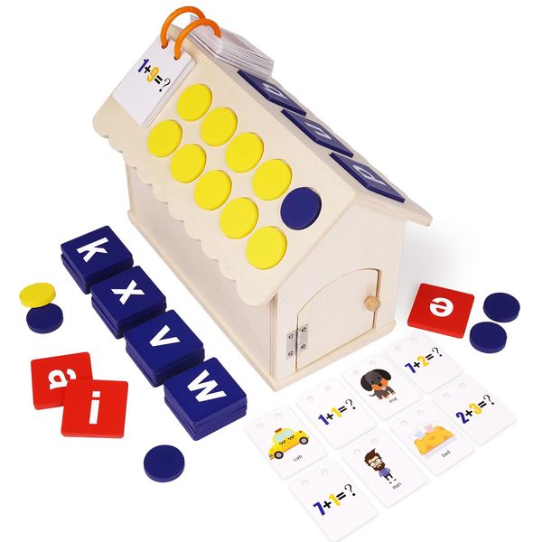 2 in 1 Wooden CVC Word Spelling Games Ten-Frame Set Math Manipulatives Sight Words Learning Flash Cards Alphabet Puzzle Reading Blocks Toy Addition and Subtraction Montessori Math Counters for Kid