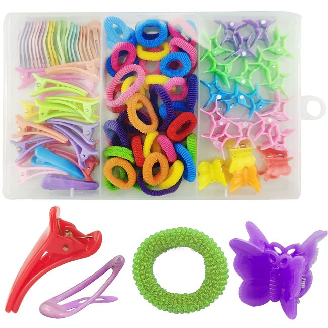 100 Stück Mädchen Haar-Accessoires Set Haar,40 Stück Bonbonfarbene Gummibänder,20 Stück Schmetterlings-Haarspangen,20 Stück Entenschnabel-Haarnadeln,für Mädchen,Kinder