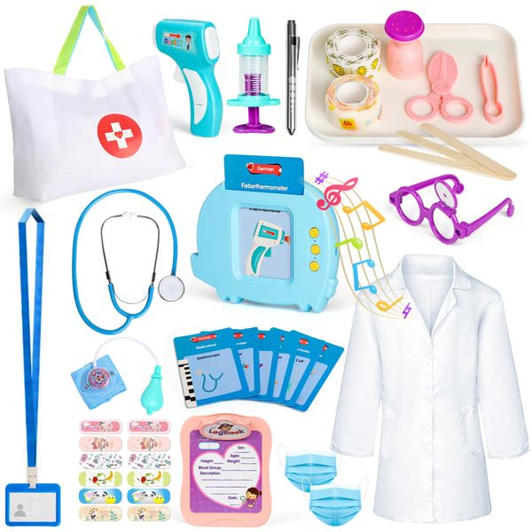 Hot Bee Arztkoffer Kinder ab 2 3 4 5 Jahre, Doktorkoffer Kinder Spielzeug ab 3 4 5 Jahre, 40 Pcs Role Play, Lernspielzeug mit Sprechende Lernkarten Deutsch, Stethoskop, Ärzte Tasche Doctor Set Spiel