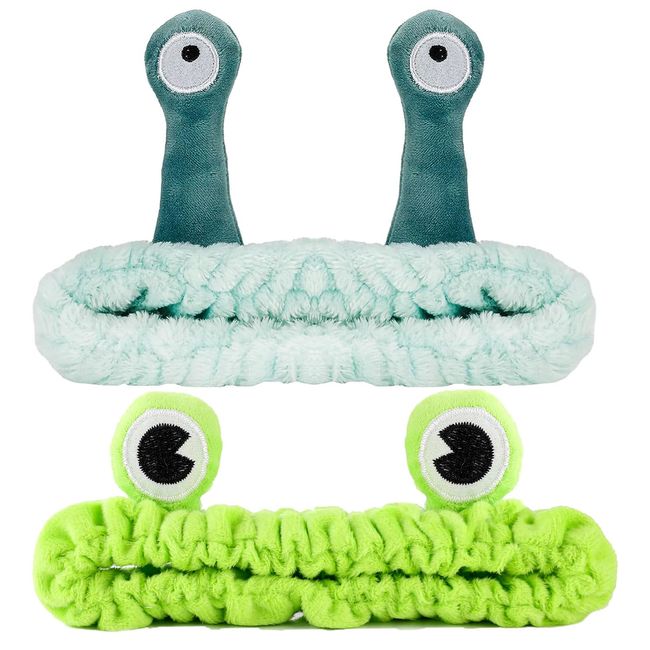 AOOTUERL 2 Pcs Skincare Headband, Cute Frog Headband and Snail Headband Headband, Funny Hair Bands for Makeup Shower Face Washing Skincare Sports Cute Plush Hair Hoop