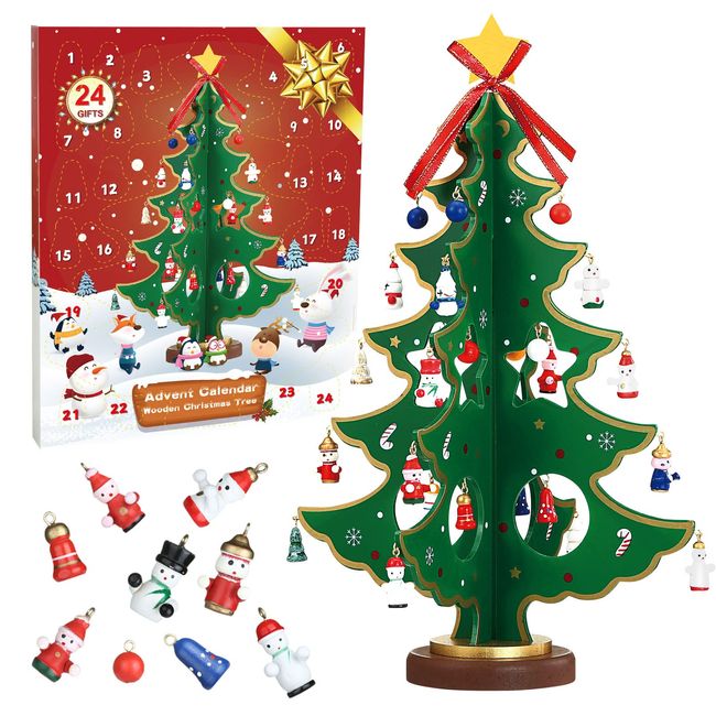 LEMESO Advent Calendar 2024 Christmas Tree Tabletop Wooden Christmas Ornaments Figurine Decoration Decoration Christmas Present Children Toys Christmas Countdown Calendar Christmas Gift Gift Gift