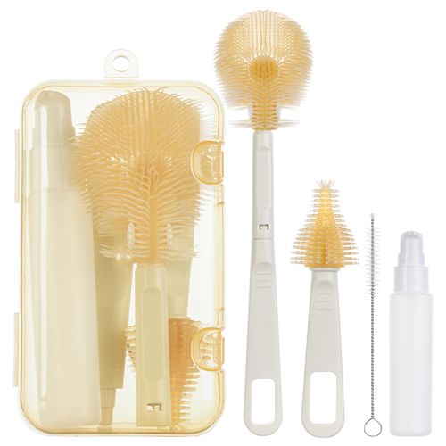 Vicloon Baby Bottle Brush, 5 in 1 Travel Baby Bottle Brush Set with Portable Silicone Bottle Brush, Straw Brush, Pacifier Brush and Dispensing Bottles, Milk Coffee White