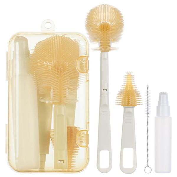 Vicloon Baby Bottle Brush, 5 in 1 Travel Baby Bottle Brush Set with Portable Silicone Bottle Brush, Straw Brush, Pacifier Brush and Dispensing Bottles, Milk Coffee White