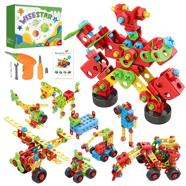 WISESTAR 446 PCS Carpenter Blocks, Electric Drill Toy, Assembly, Screws, Carpenter's Set, Robot, Helicopter, Animal, Transportation, Boy, Storage Box, STEM Toy, 3D Puzzle, Game, Model, DIY Building