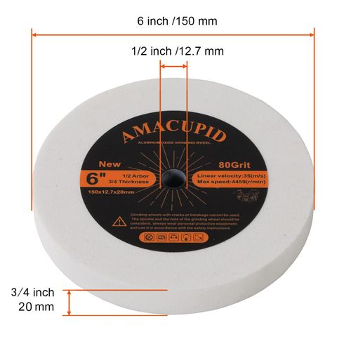 AmaCupid Bench Grinding Wheel 6 inch. for Sharpening Quenched Steel, High Carbon Steel and Other Cutting Tools. White Aluminum Oxide Abrasive. 1/2 inch Arbor, 3/4 inch Thickness, 80 Grit