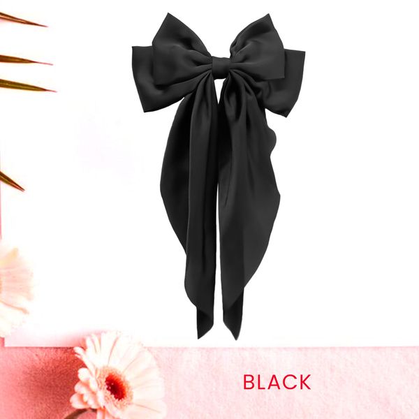 Hibasso 2-Piece Silky Satin Hair Bows Set for Women, Girls with Long Tails and Metal Clips – Aesthetic bow hair clip, Stylish Hair Accessories (Black & White)