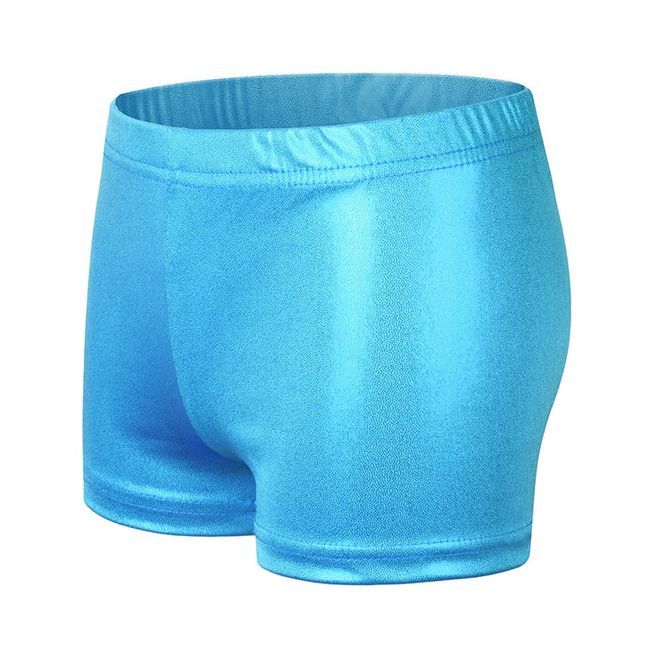 NewL Kinder Mädchen Elastische Taille Glänzend Metallic Ballett Tanz Shorts Hose für Sport Yoga Gymnastik Workout (Blau, 7-8 Jahre)