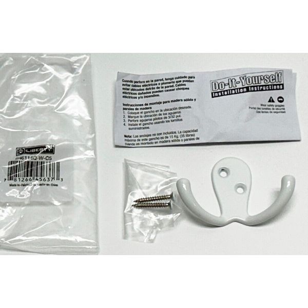 Hardware B46114Q-W-C5 Double Prong Robe Hook, White 5 Pack Lot