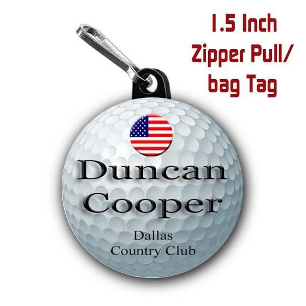 Two Golf Zipper Pull/Bag Tag Personalized with Name and City/State or Club